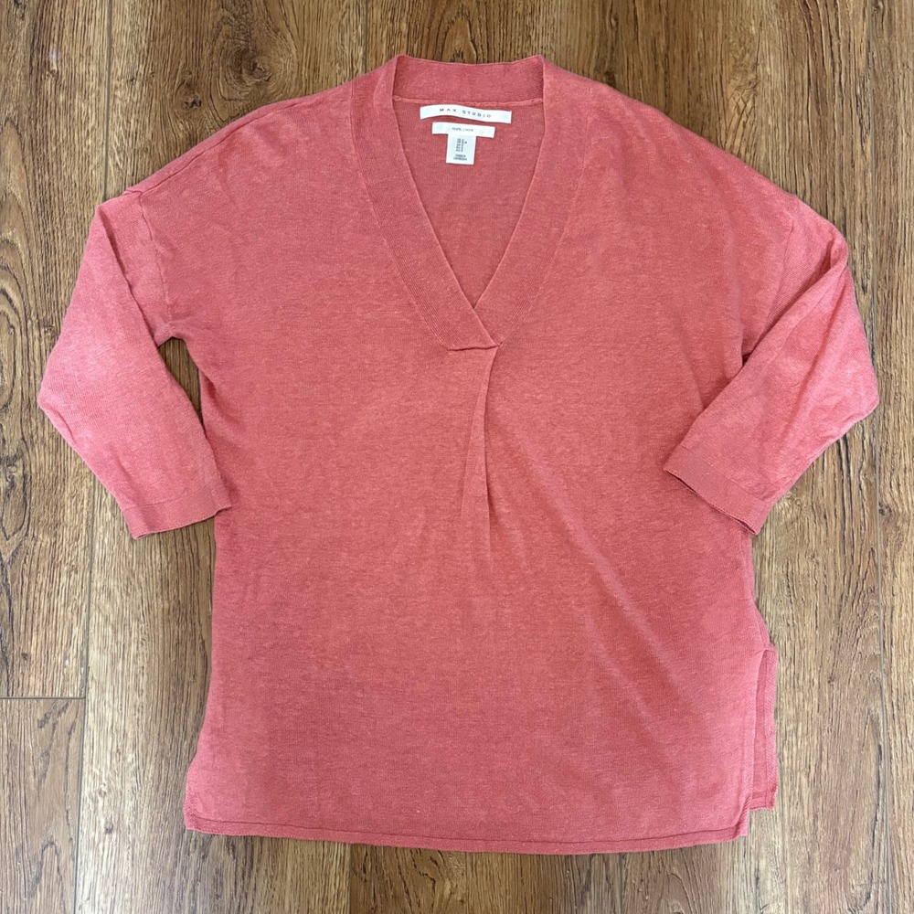 Max Studio 100% Linen Knit Top Coral Pink V-Neck 3/4 Sleeve Womens Small